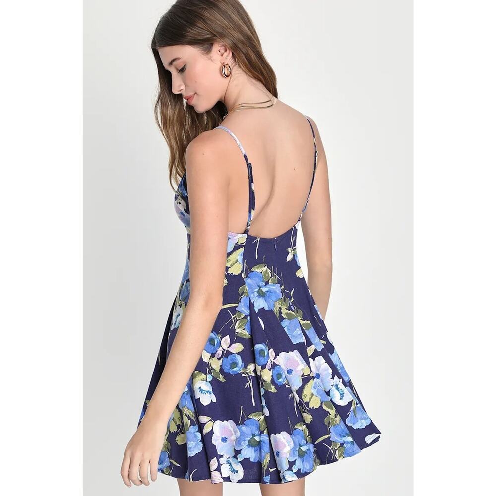 Lulus Mini Dress Womens XS Blue Floral Linen Blend Fit Flare Cottagecore NWT - Picture 2 of 16